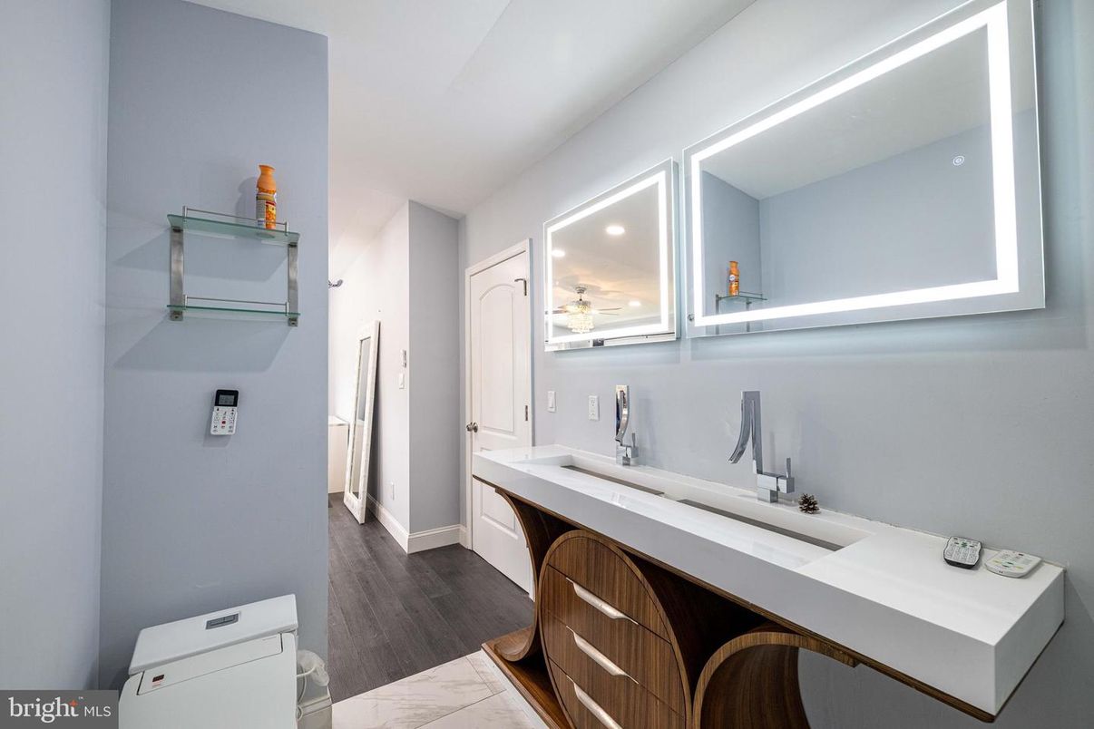 Bathroom, Dual Sink Vanities, Interior, Recessed Lighting, Wood Texture Flooring