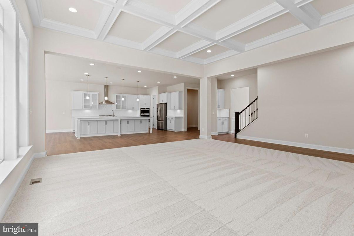 Empty room, Interior, Kitchen, Pendant Lights, Recessed Lighting, Wood Texture Flooring
