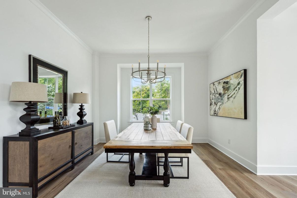 Dining room, Interior, Pendant Lights, Wood Texture Flooring