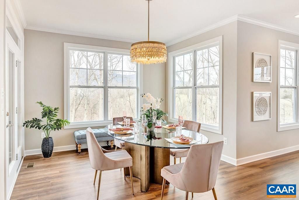 Chandelier, Dining room, Interior, Recessed Lighting, Wood Texture Flooring
