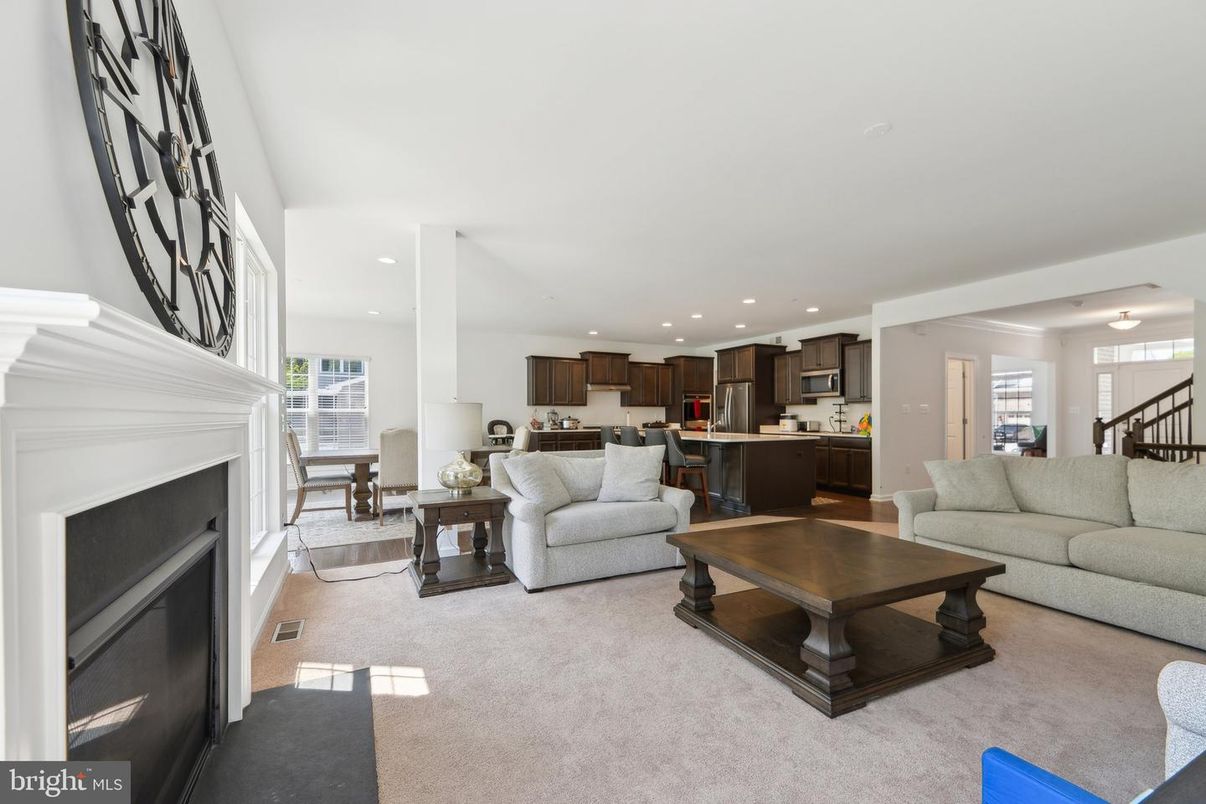 Fireplace, Interior, Kitchen, Living room, Recessed Lighting, Stainless Steel Appliances