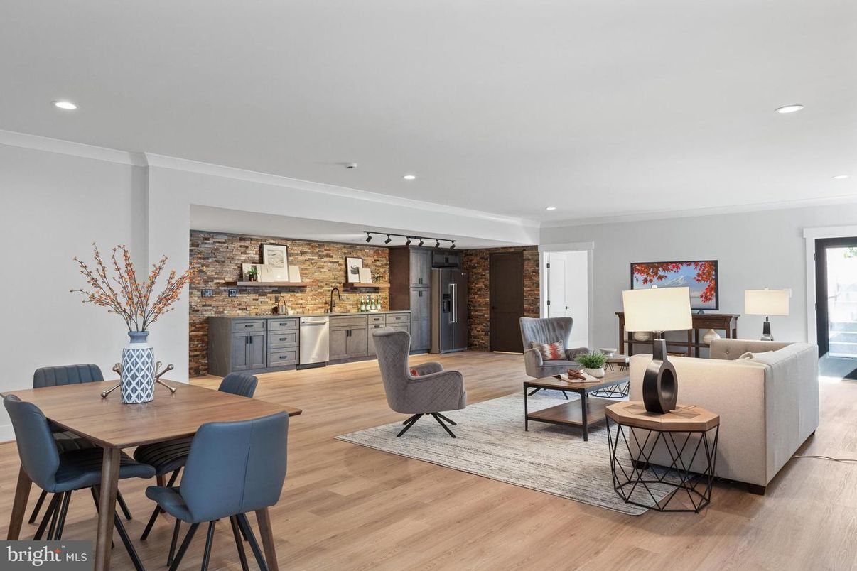 Dining room, Interior, Kitchen, Living room, Recessed Lighting, Stone Walls, Wood Texture Flooring