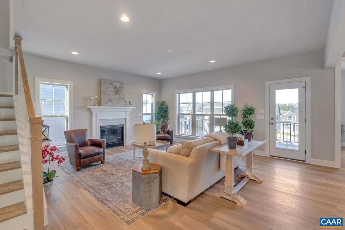 Fireplace, Interior, Living room, Recessed Lighting, Wood Texture Flooring