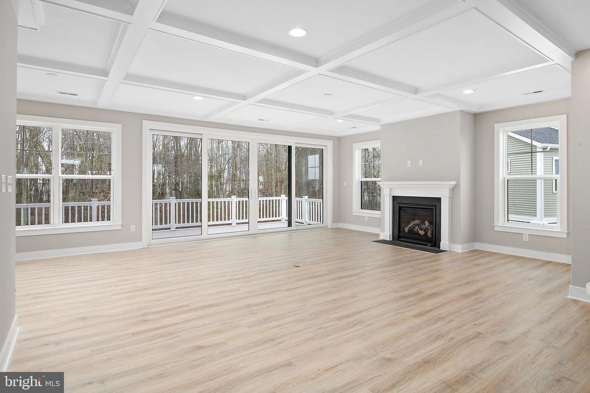 Empty room, Fireplace, Interior, Recessed Lighting, Wood Texture Flooring