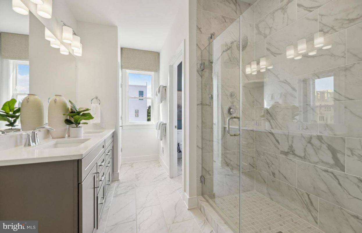 Bathroom, Dual Sink Vanities, Glass Shower, Interior, Marble, Marble Walls
