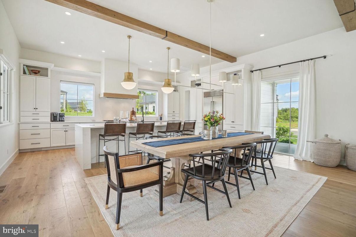Interior, Kitchen, Pendant Lights, Recessed Lighting, Wooden Beams, Wood Texture Flooring