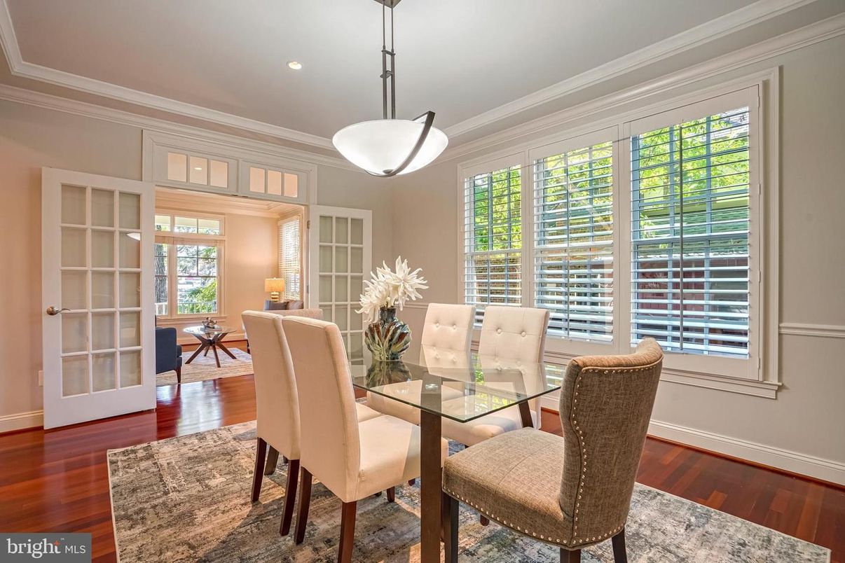 Dining room, Interior, Pendant Lights, Recessed Lighting, Wood Texture Flooring