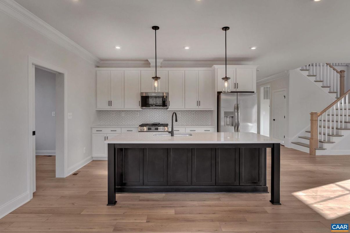 Interior, Kitchen, Pendant Lights, Recessed Lighting, Stainless Steel Appliances, Wood Texture Flooring