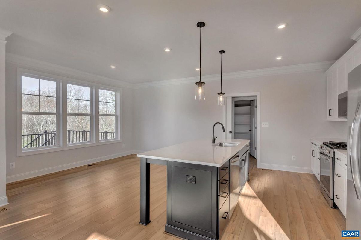 Interior, Kitchen, Pendant Lights, Recessed Lighting, Wood Texture Flooring