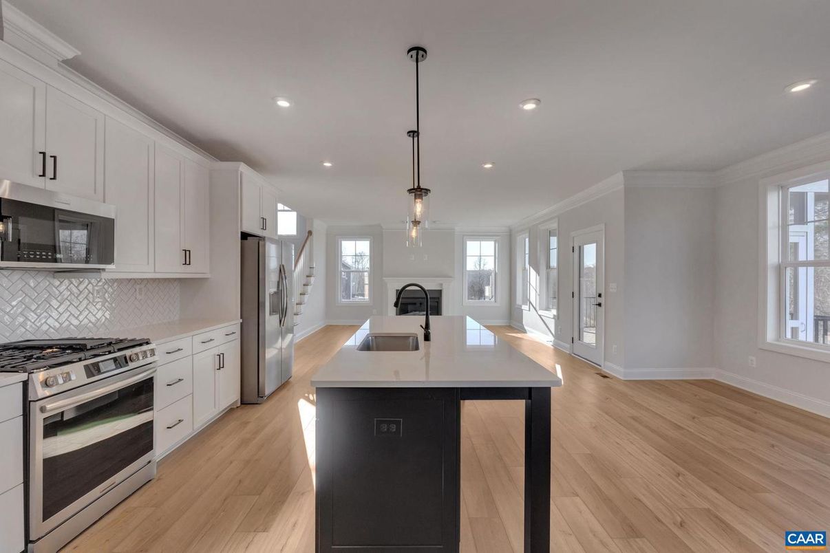 Interior, Kitchen, Pendant Lights, Recessed Lighting, Stainless Steel Appliances, Wood Texture Flooring