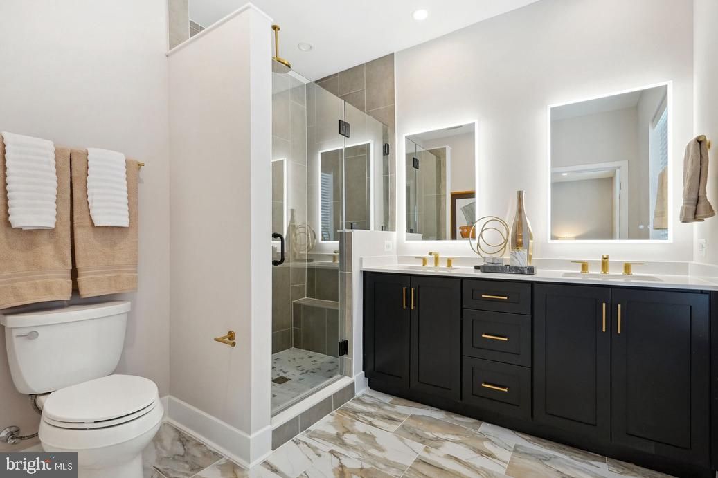 Bathroom, Dual Sink Vanities, Glass Shower, Interior, Marble, Recessed Lighting
