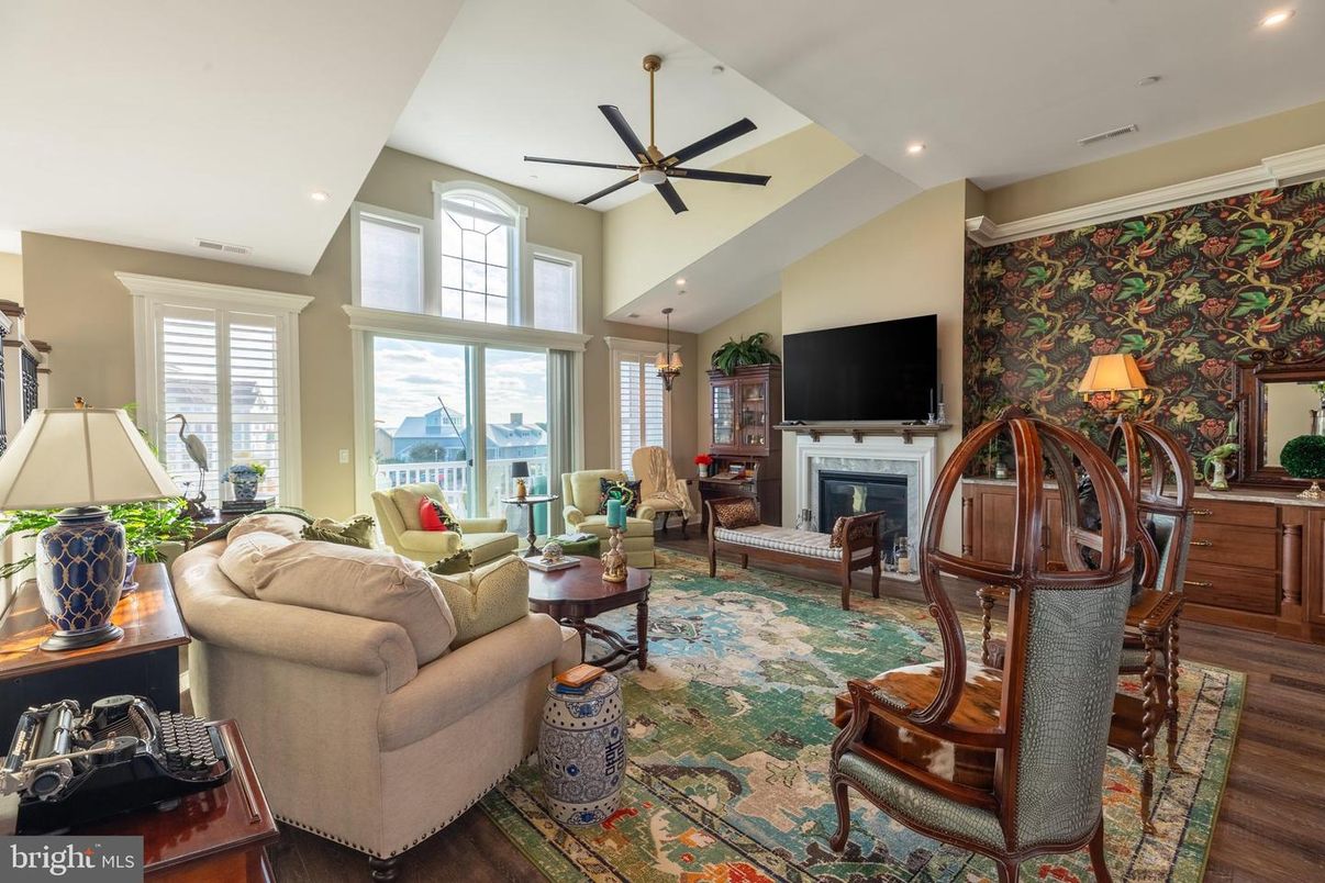Fireplace, Interior, Living room, Recessed Lighting, Wood Texture Flooring
