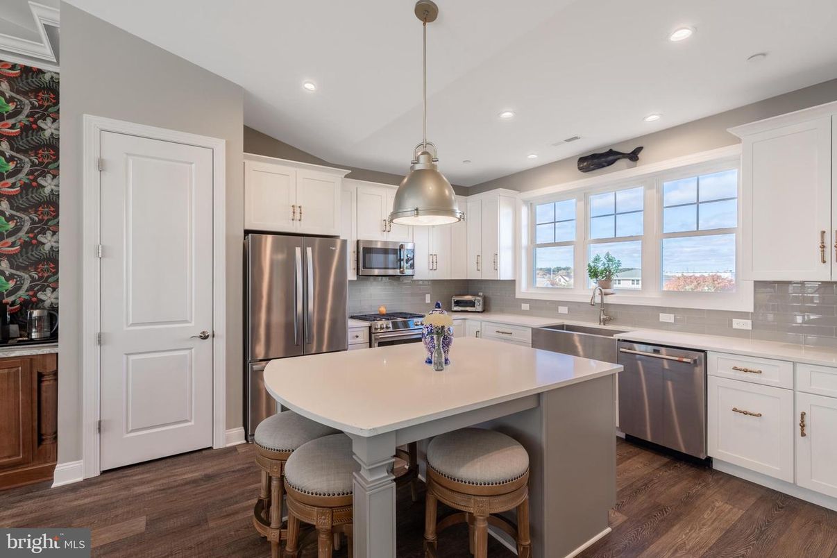 Interior, Kitchen, Pendant Lights, Recessed Lighting, Stainless Steel Appliances, Wood Texture Flooring
