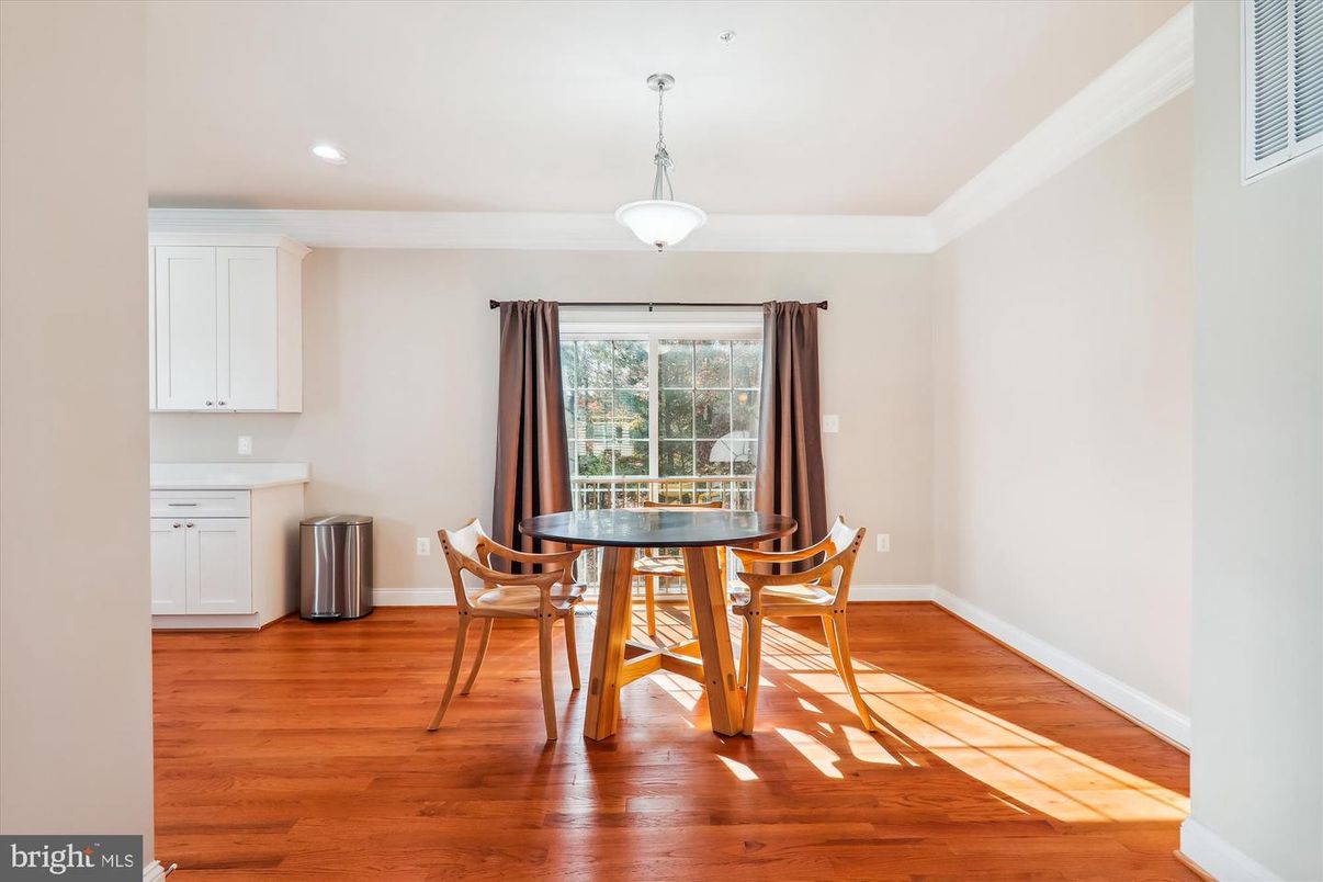 Dining room, Interior, Pendant Lights, Recessed Lighting, Wood Texture Flooring