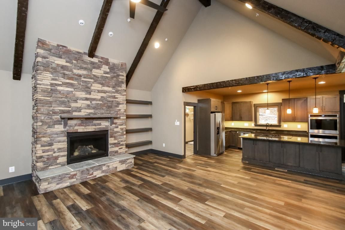 Fireplace, Interior, Kitchen, Pendant Lights, Recessed Lighting, Stainless Steel Appliances, Wood Texture Flooring