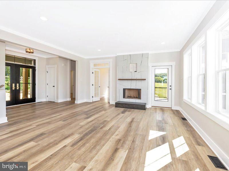 Empty room, Fireplace, Interior, Recessed Lighting, Wood Texture Flooring