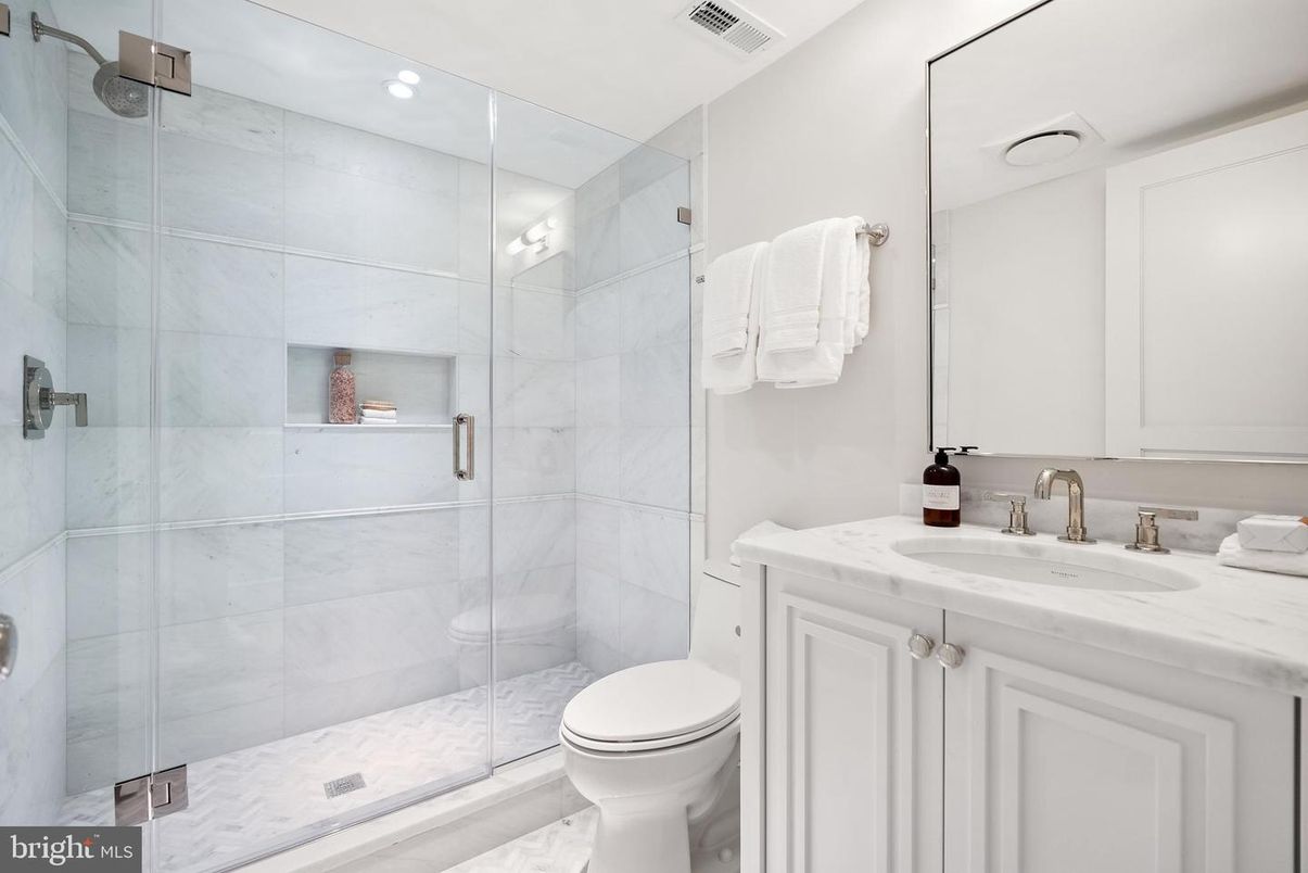 Bathroom, Glass Shower, Interior, Marble Walls, Recessed Lighting
