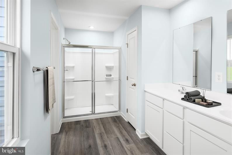 Bathroom, Glass Shower, Interior, Recessed Lighting, Wood Texture Flooring