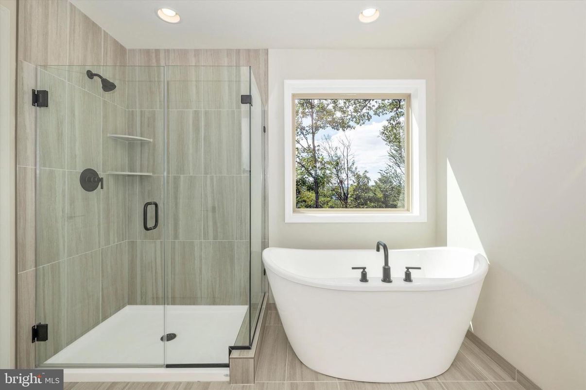 Bathroom, Free Standing Baths, Glass Shower, Interior, Recessed Lighting, Wood Texture Flooring