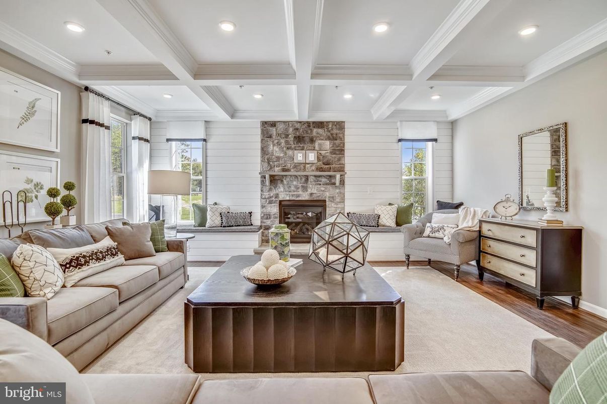 Fireplace, Interior, Living room, Recessed Lighting, Stone Walls, Wood Texture Flooring