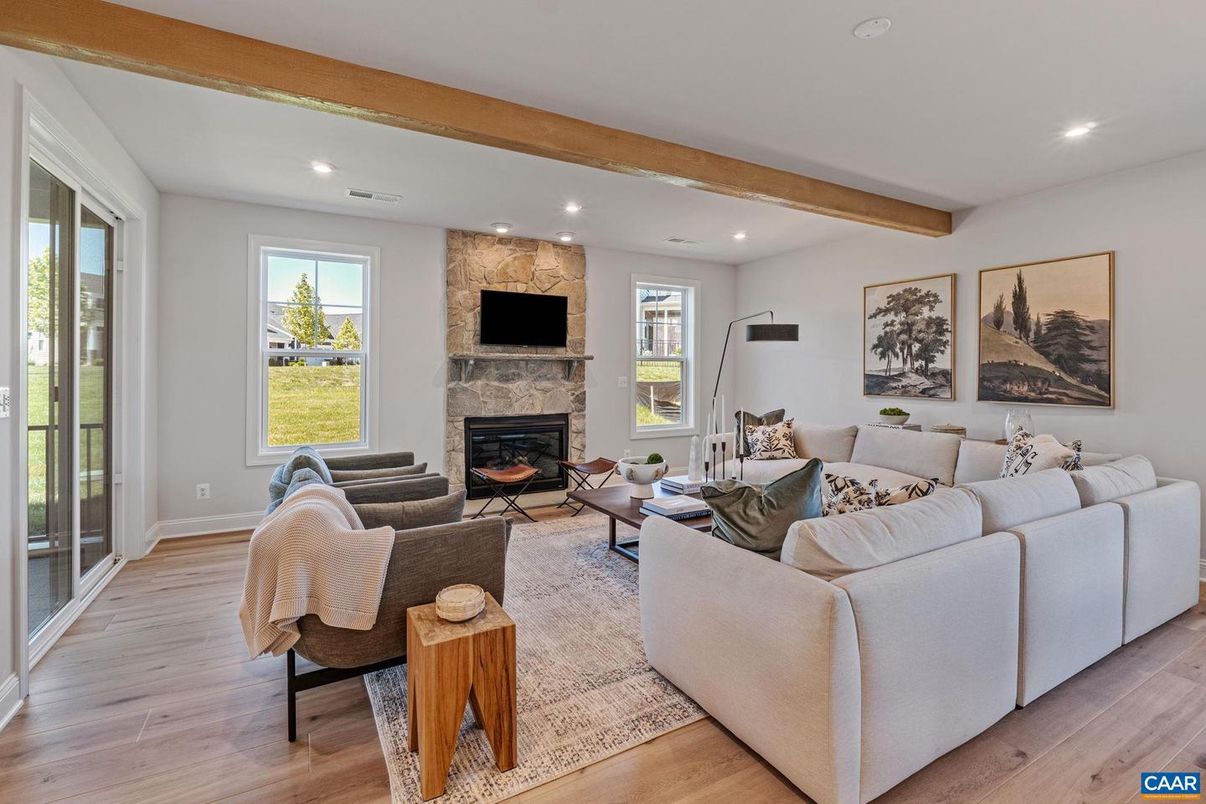 Fireplace, Interior, Living room, Recessed Lighting, Stone Walls, Wooden Beams, Wood Texture Flooring