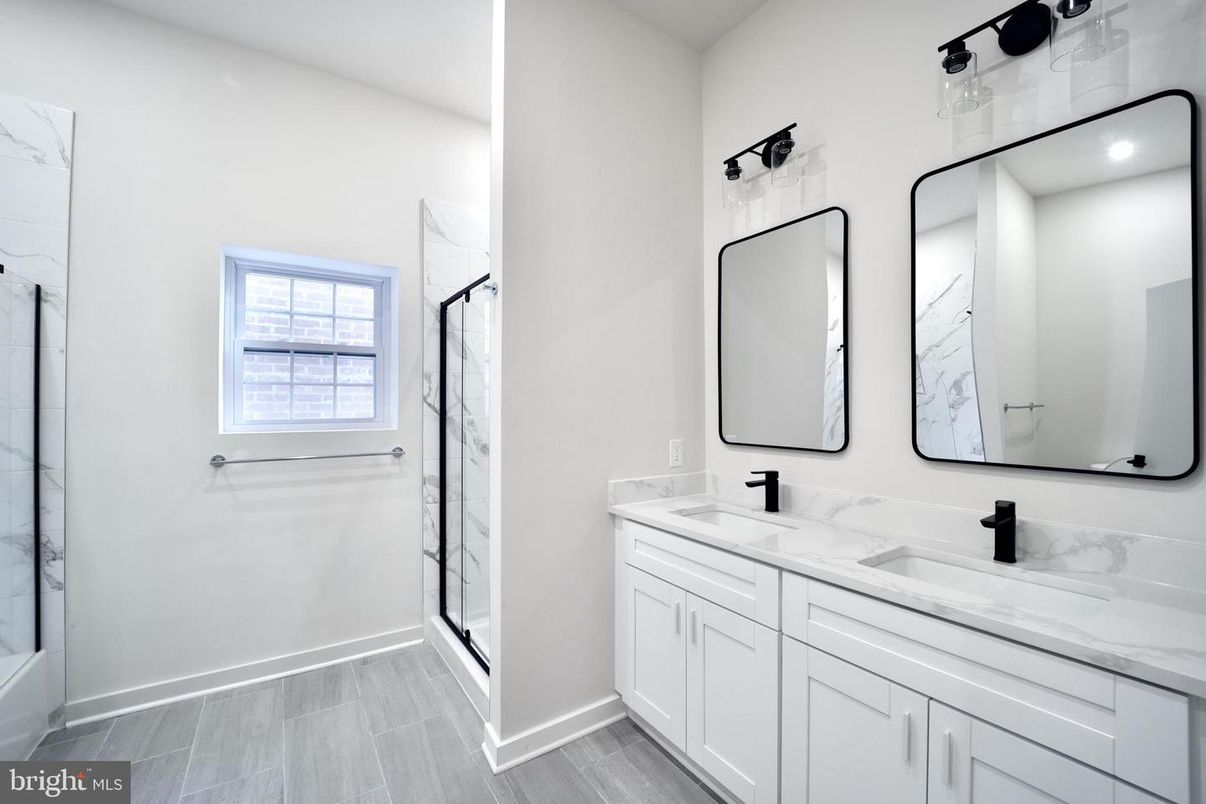 Bathroom, Dual Sink Vanities, Glass Shower, Interior, Wood Texture Flooring