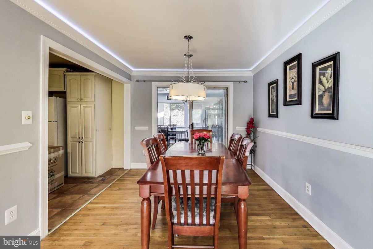 Dining room, Interior, Pendant Lights, Wood Texture Flooring