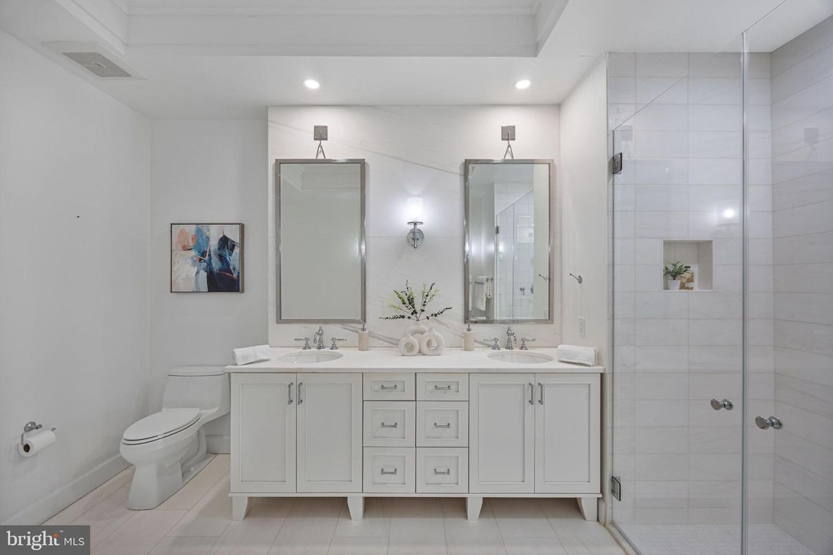 Bathroom, Dual Sink Vanities, Glass Shower, Interior, Recessed Lighting