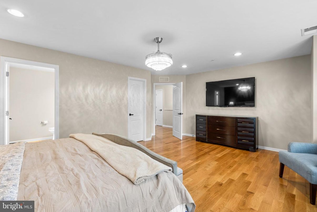 Bedroom, Chandelier, Interior, Recessed Lighting, Wood Texture Flooring