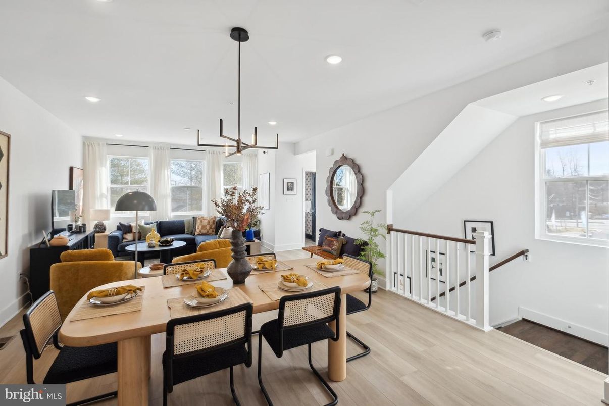 Dining room, Interior, Pendant Lights, Recessed Lighting, Wood Texture Flooring