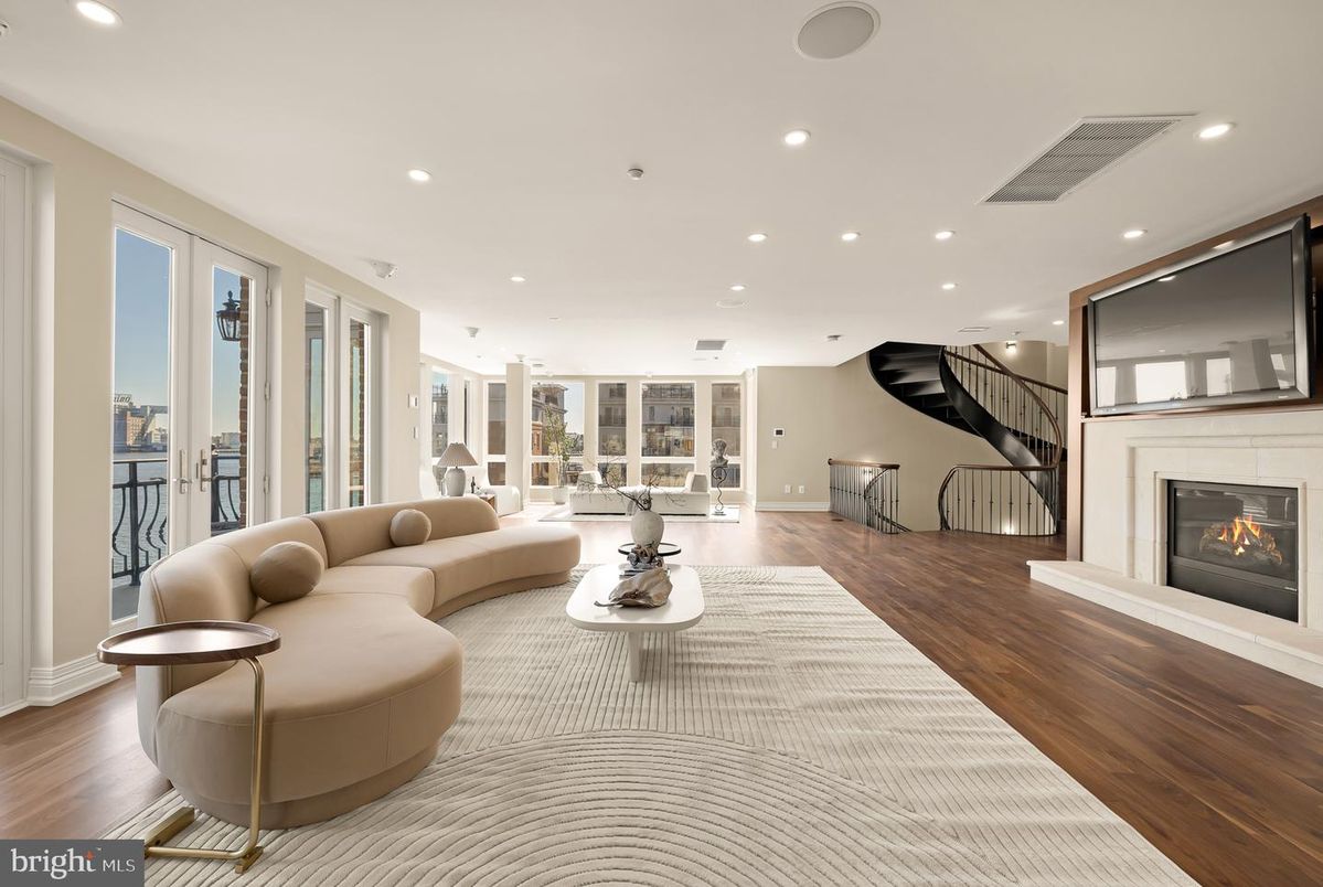Fireplace, Interior, Living room, Recessed Lighting, Wood Texture Flooring