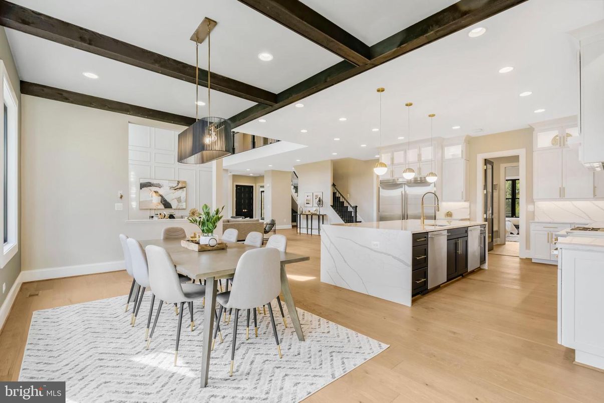 Dining room, Interior, Kitchen, Pendant Lights, Recessed Lighting, Stainless Steel Appliances, Wooden Beams, Wood Texture Flooring