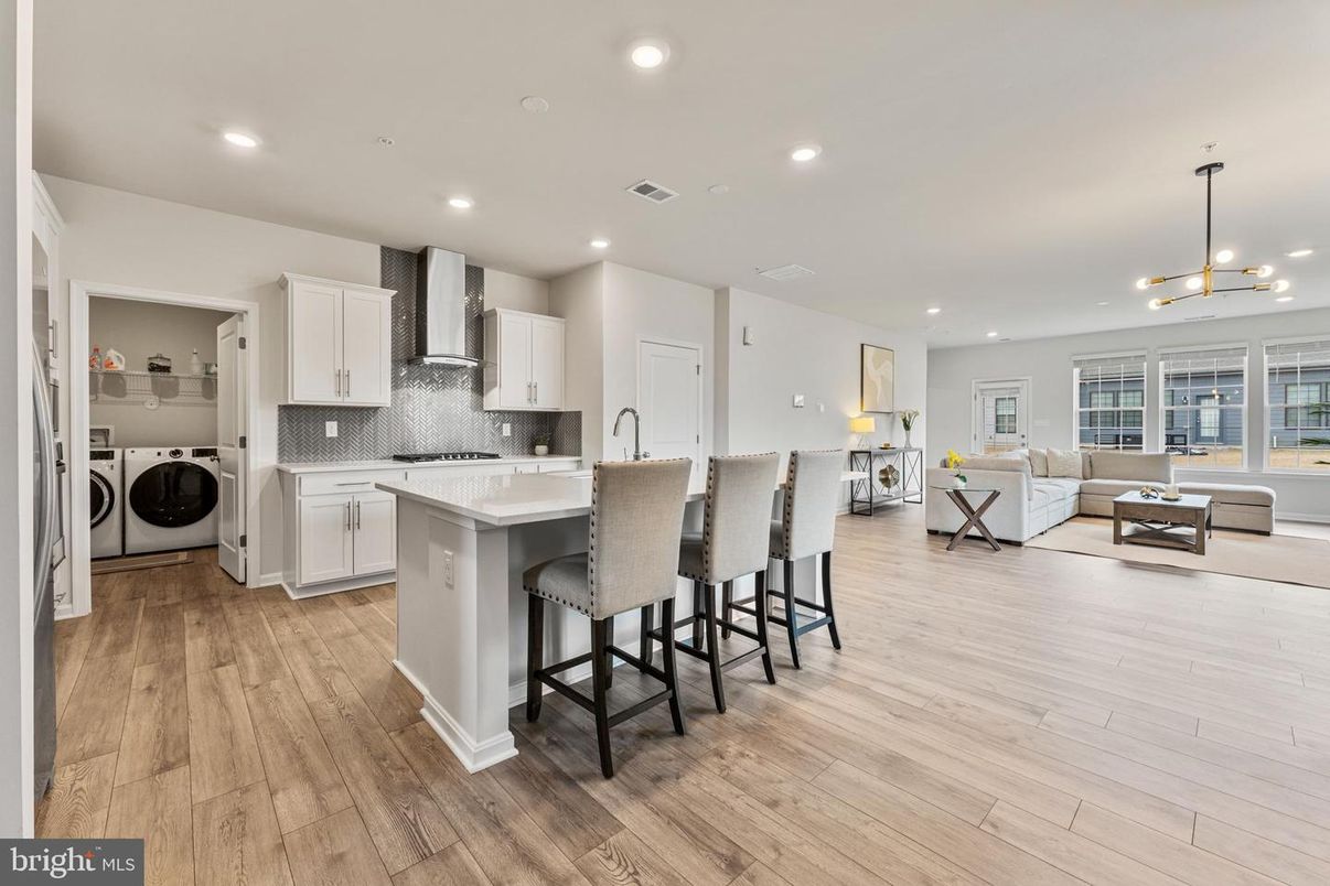 Interior, Kitchen, Living room, Pendant Lights, Recessed Lighting, Utility Closets, Washer, Wood Texture Flooring