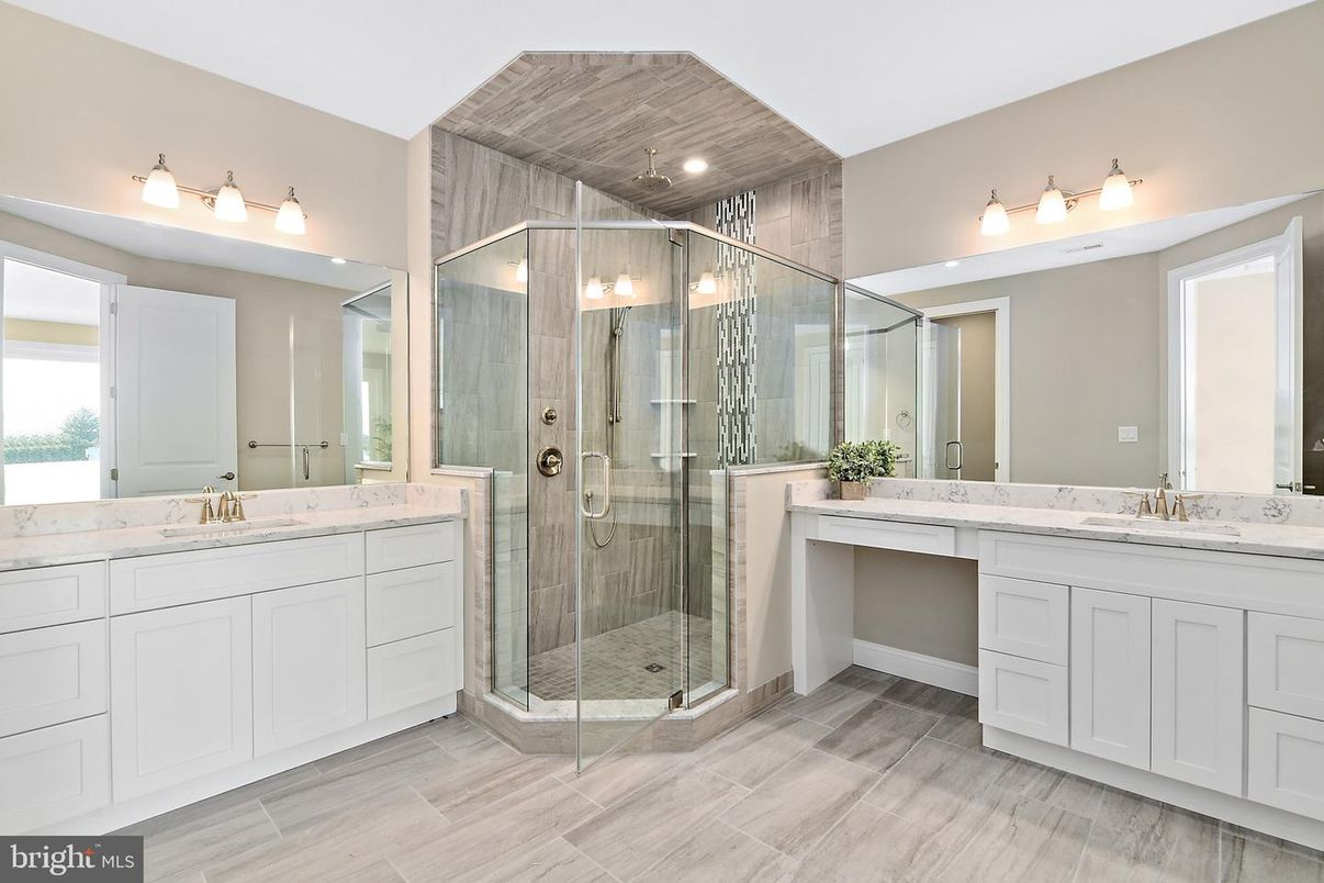 Bathroom, Dual Sink Vanities, Glass Shower, Interior, Wood Texture Flooring