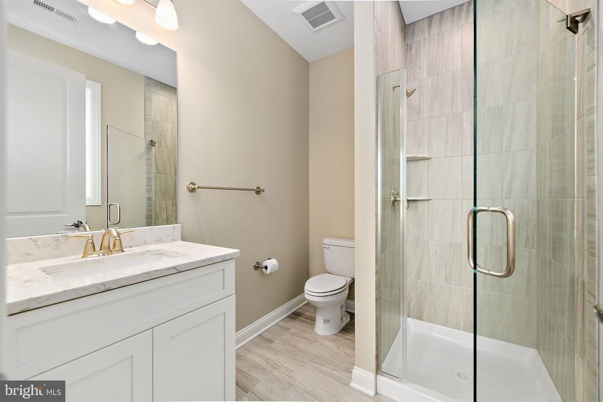 Bathroom, Glass Shower, Interior, Wood Texture Flooring