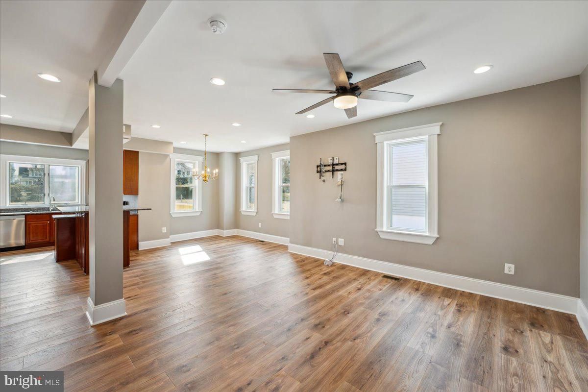 Chandelier, Empty room, Interior, Kitchen, Recessed Lighting, Wood Texture Flooring