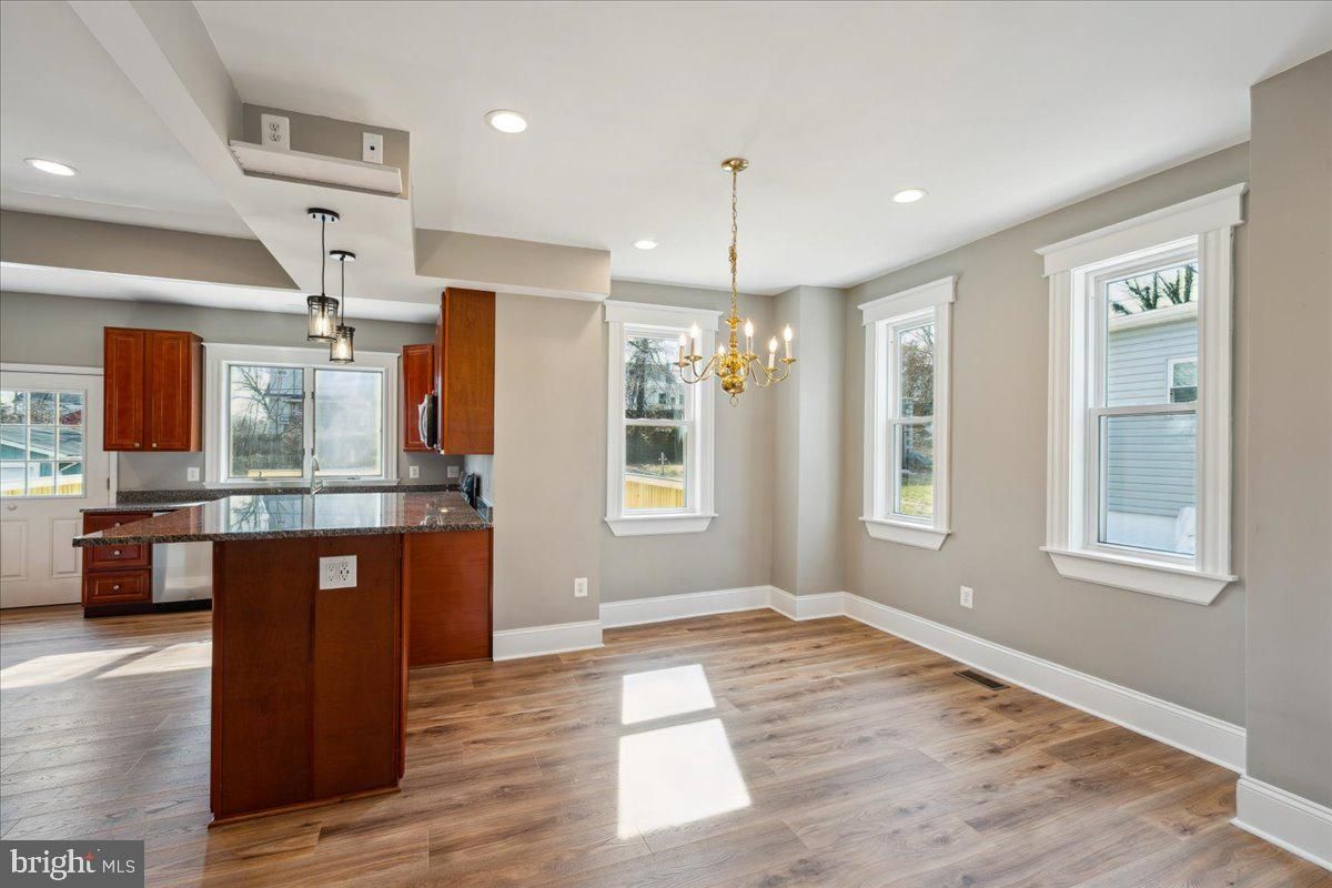 Chandelier, Interior, Kitchen, Pendant Lights, Recessed Lighting, Wood Texture Flooring