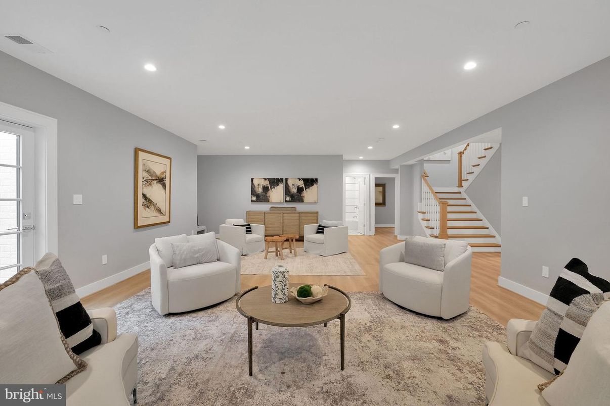 Dining room, Interior, Living room, Recessed Lighting, Wood Texture Flooring