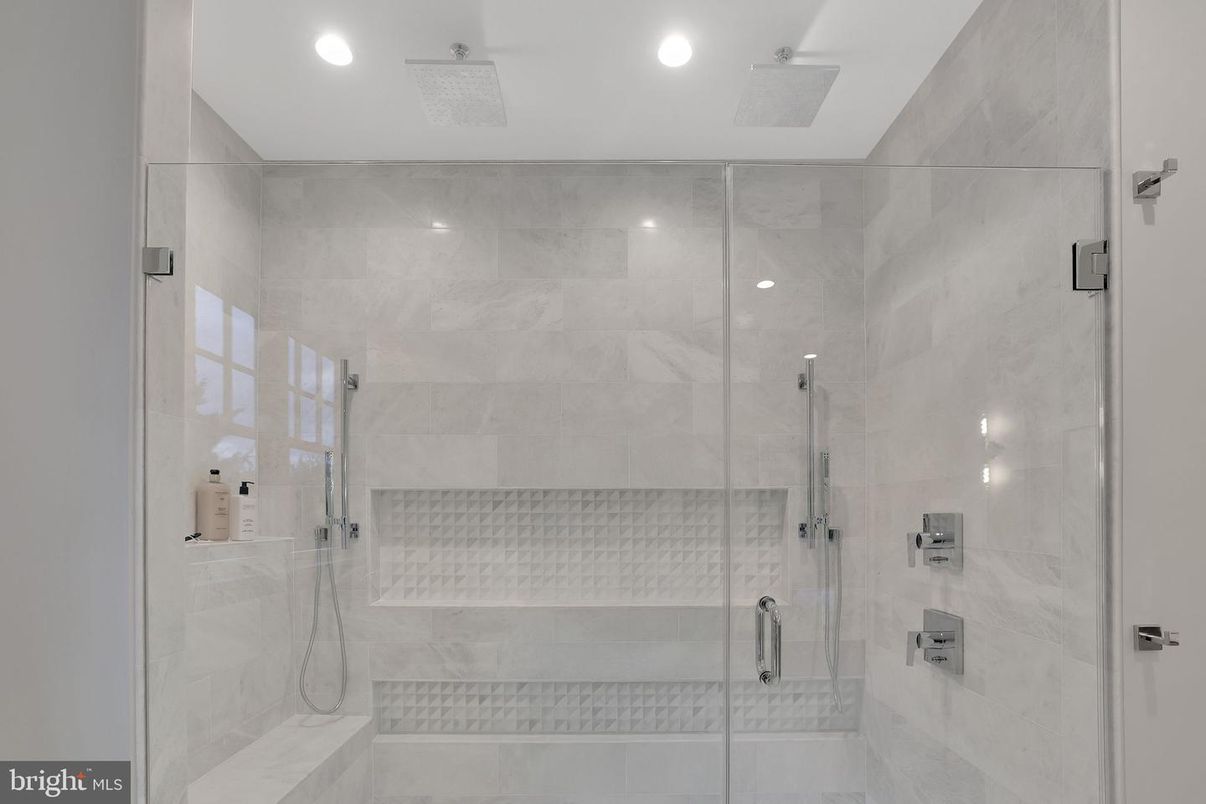Bathroom, Glass Shower, Interior, Marble Walls, Recessed Lighting