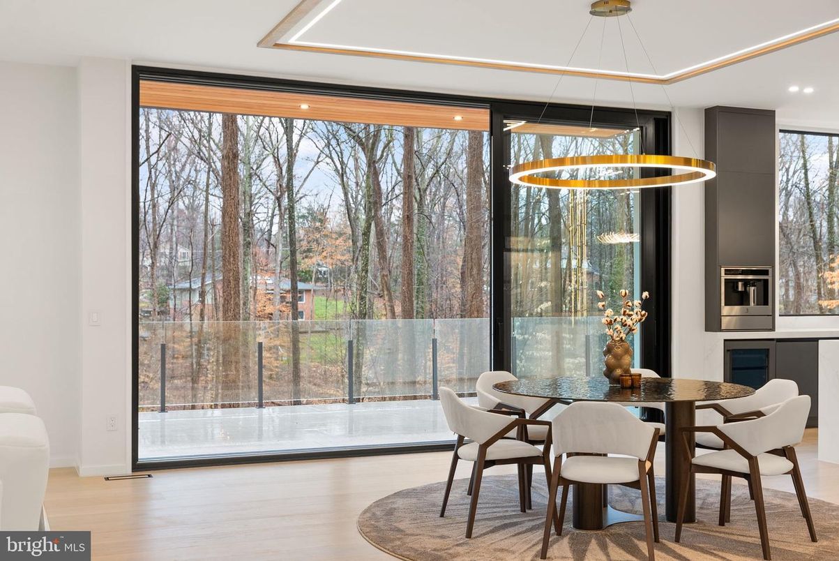 Dining room, Interior, Pendant Lights, Recessed Lighting, Wood Texture Flooring