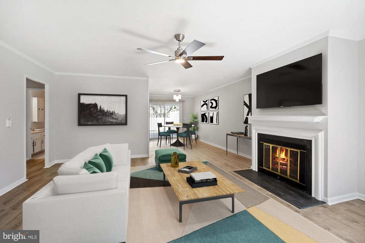 Dining room, Fireplace, Interior, Living room, Pendant Lights, Wood Texture Flooring