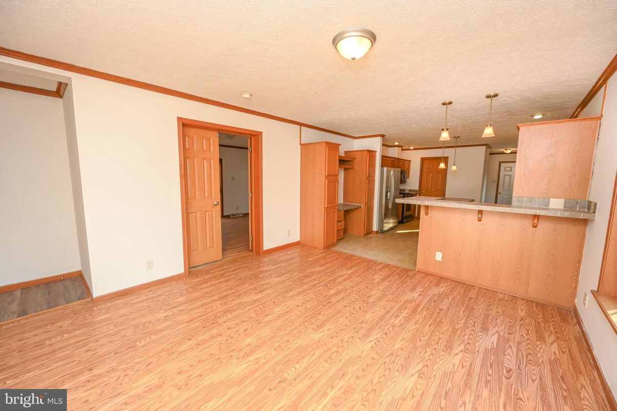 Empty room, Interior, Kitchen, Pendant Lights, Stainless Steel Appliances, Wood Texture Flooring