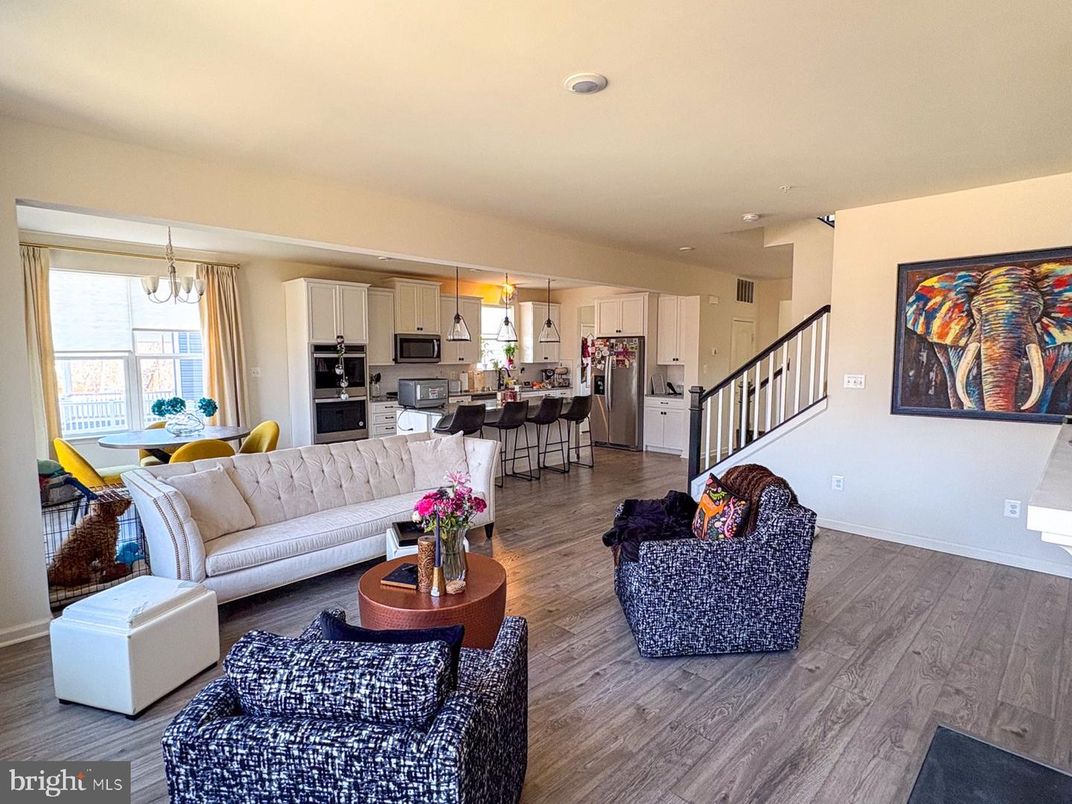 Dining room, Interior, Kitchen, Living room, Pendant Lights, Recessed Lighting, Stainless Steel Appliances, Wood Texture Flooring