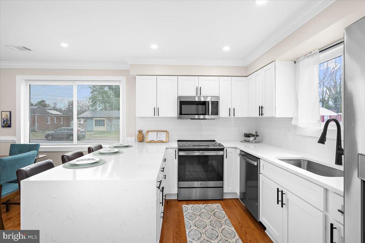 Interior, Kitchen, Recessed Lighting, Stainless Steel Appliances, Wood Texture Flooring