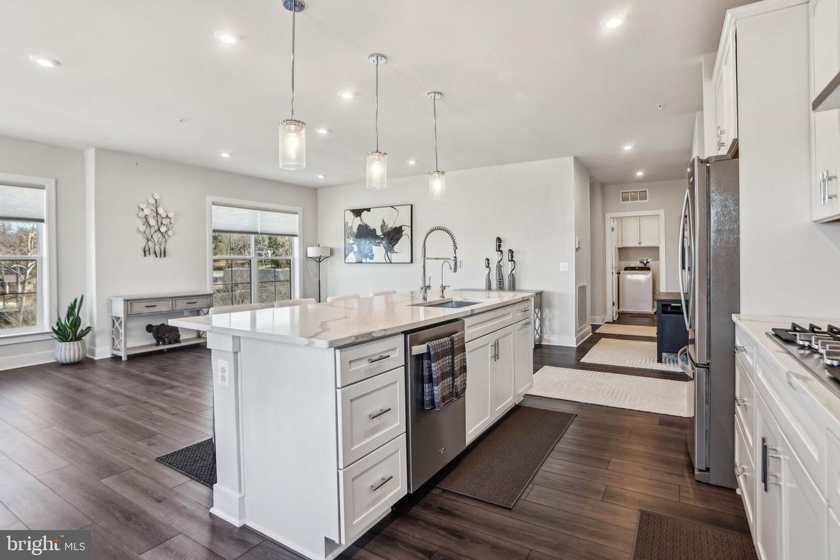 Interior, Kitchen, Pendant Lights, Recessed Lighting, Stainless Steel Appliances, Wood Texture Flooring