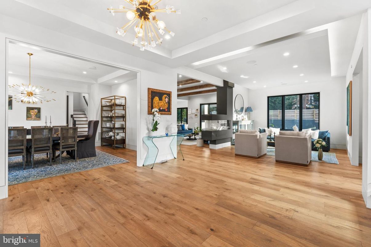 Dining room, Fireplace, Interior, Living room, Pendant Lights, Recessed Lighting, Wood Texture Flooring