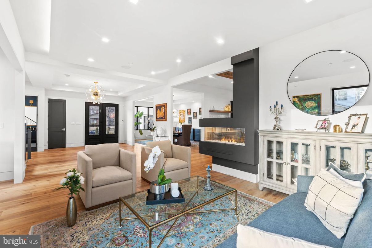Chandelier, Fireplace, Interior, Living room, Recessed Lighting, Wood Texture Flooring