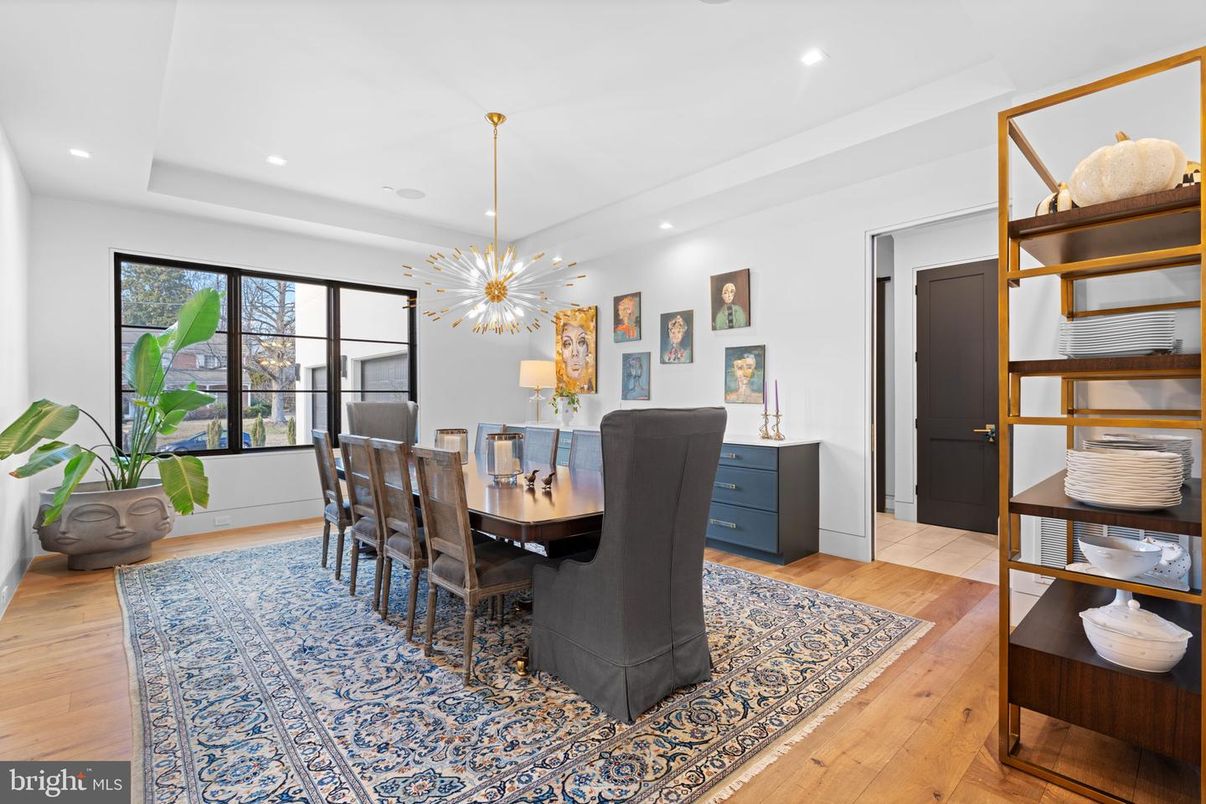 Dining room, Interior, Pendant Lights, Recessed Lighting, Wood Texture Flooring