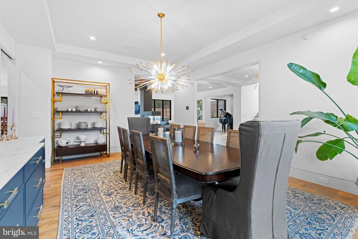 Dining room, Interior, Pendant Lights, Recessed Lighting, Wood Texture Flooring