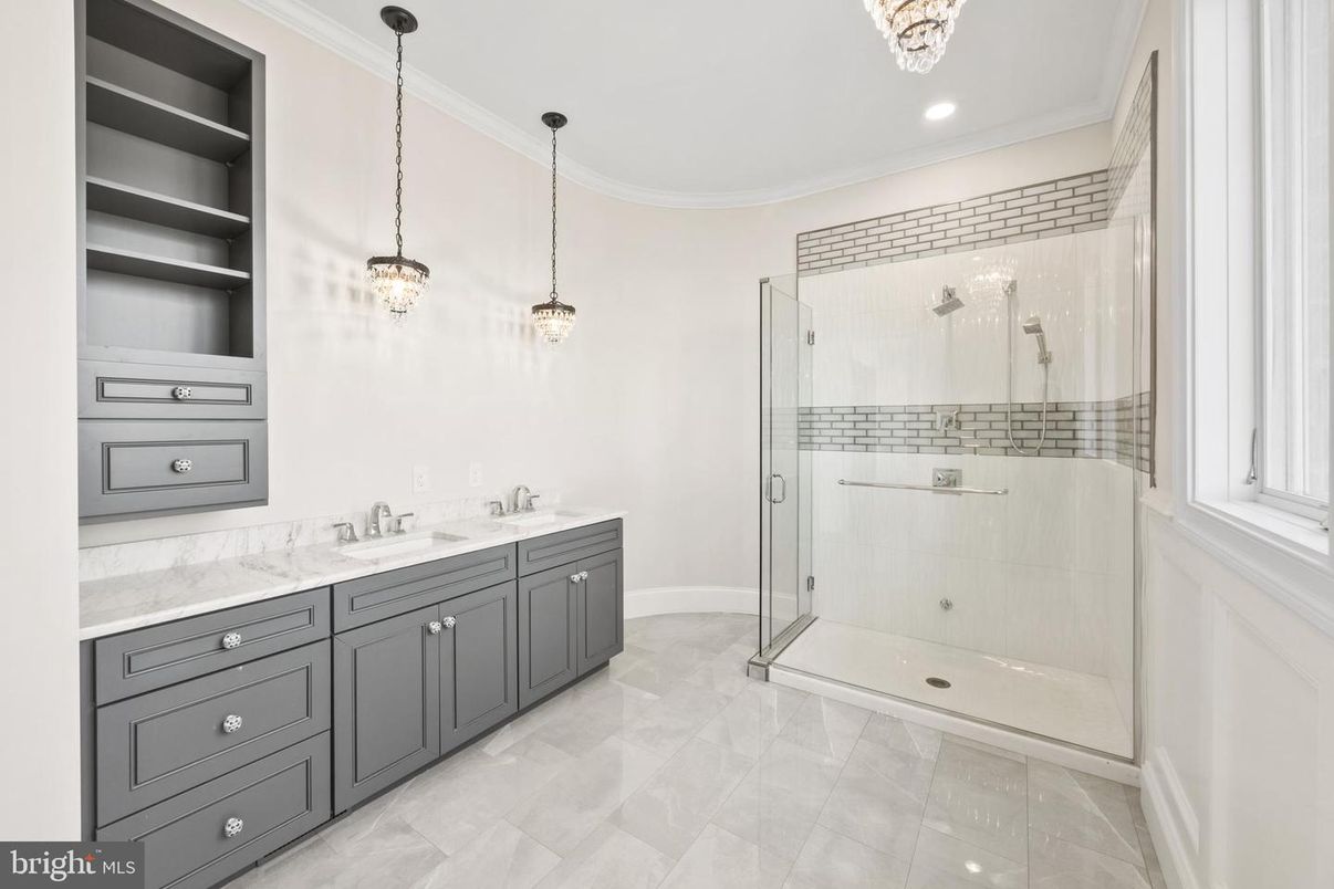 Bathroom, Dual Sink Vanities, Glass Shower, Interior, Pendant Lights, Recessed Lighting